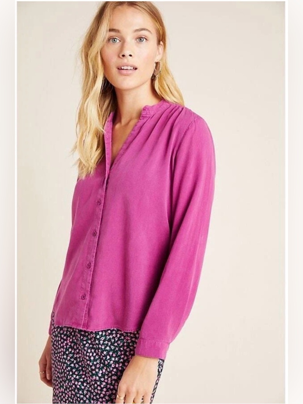 Anthropologie Cloth & Stone smocked Magenta Pink Long Sleeve Button Tencel Top L